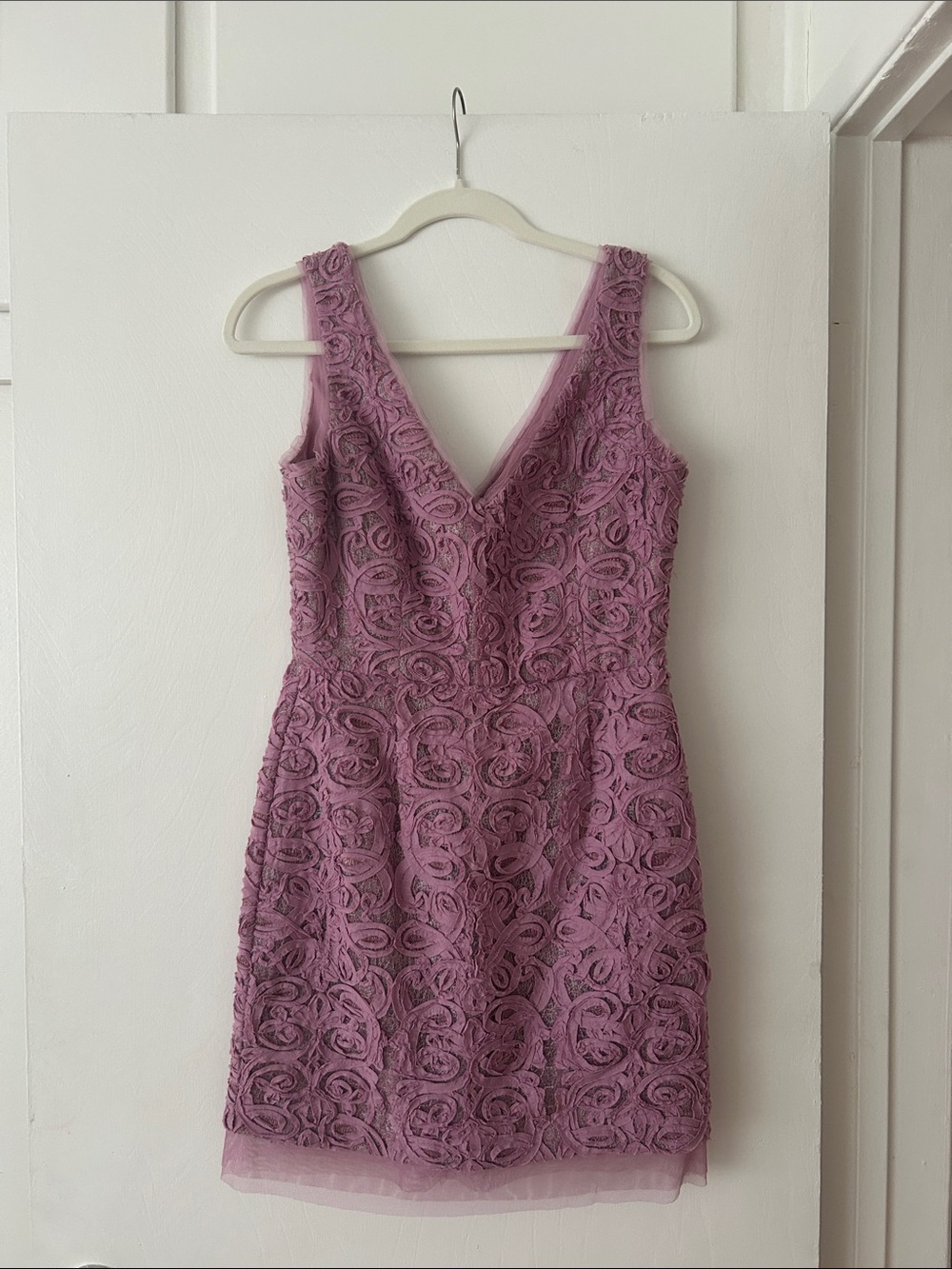 BCBG Maxazria Marissa Sleeveless V-Neck Lace Dress in Dusty Lavender